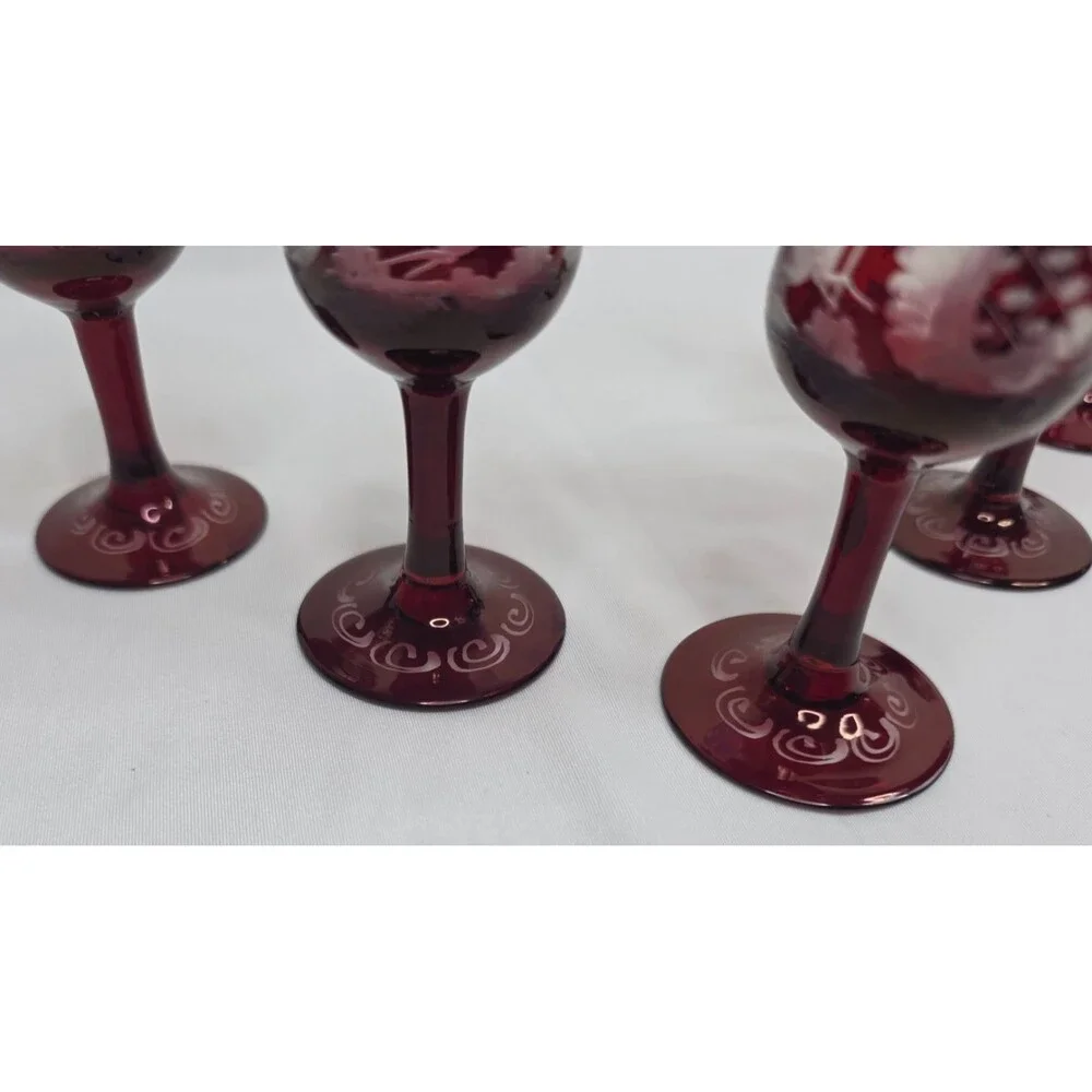 Vintage Egermann Bohemian Ruby Red Etched Cordial Glasses | Set of 5 | Cut Clear